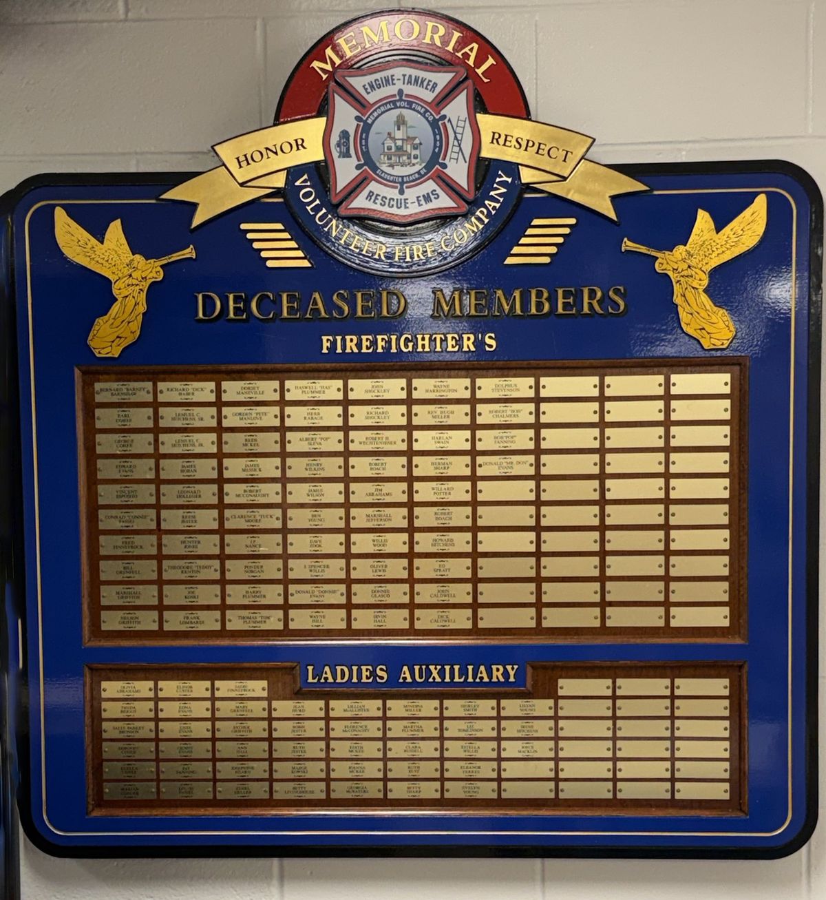 Memorial plaque honoring deceased members of the fire company