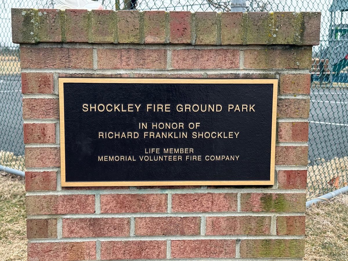 Shockley Fire Ground Park plaque in honor of Richard Franklin Shockley