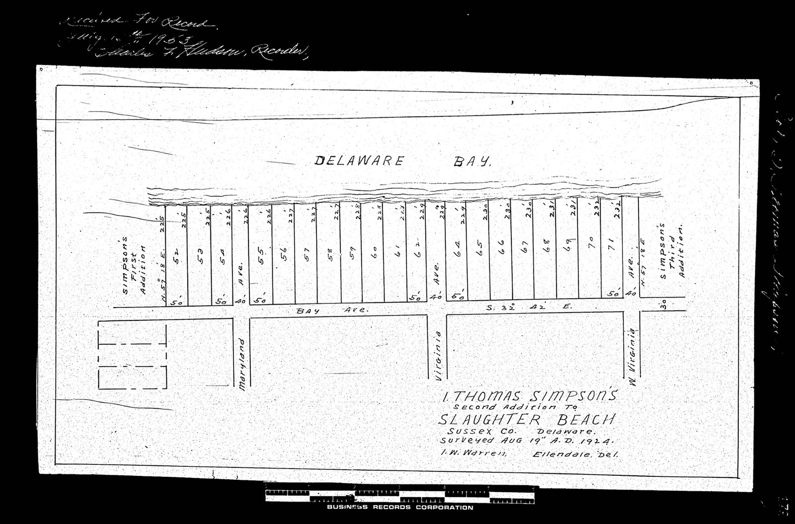 Plot plan of I. Thomas Simpson's Second Addition to Slaughter Beach, surveyed August 19, 1924