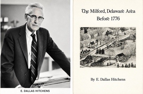 E. Dallas Hitchens in a suit and glasses beside the cover of his book The Milford, Delaware Area Before 1776