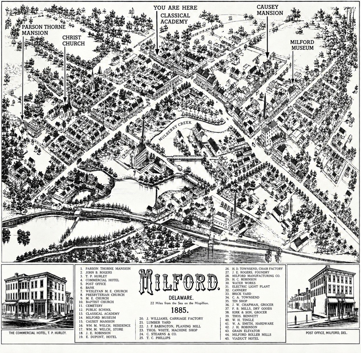 Bird's eye map of Milford, Delaware in 1885 with the Parson Thorne Mansion, Christ Church, the Classical Academy, the Causey Mansion and the Milford Museum marked, and a key of 45 landmarks