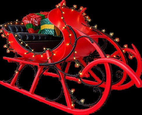 A restored red vintage sleigh with black upholstery, strung with Christmas lights and holding wrapped gifts