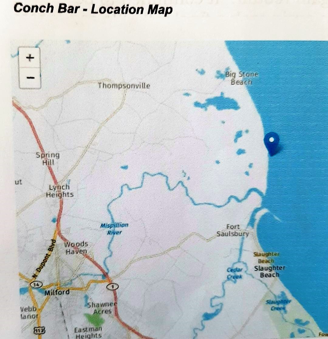 Location map showing Conch Bar in Delaware Bay off the mouth of the Mispillion River, north of Slaughter Beach