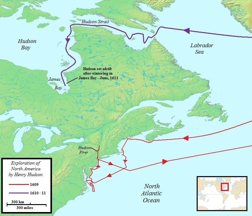 Map of Henry Hudson's 1609 and 1610-11 voyages to North America, marking where he was set adrift in James Bay in June 1611