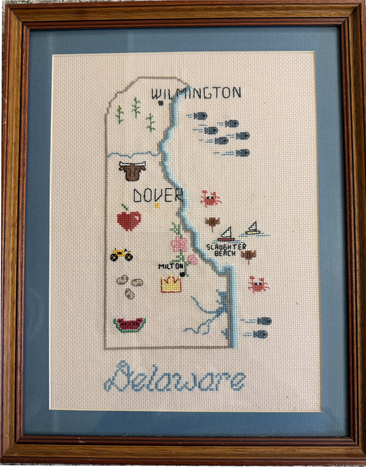 Framed cross-stitch map of Delaware with Wilmington, Dover, Milton and Slaughter Beach marked, with sailboats, horseshoe crabs and fish stitched along the bay
