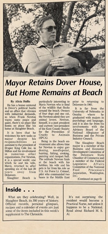 Milford Chronicle clipping, about 1981: Mayor Retains Dover House, But Home Remains at Beach, by Alicia Hollis, with a photo of Frank Newton seated under a tree