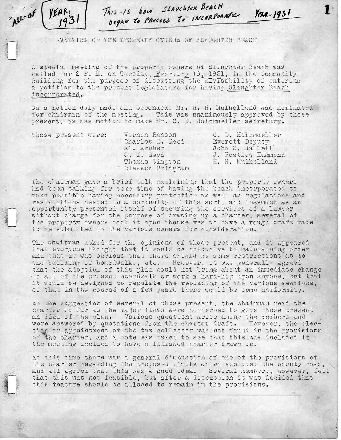 First page of the Town of Slaughter Beach meeting minutes, February 10, 1931