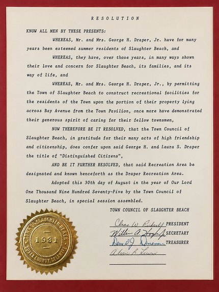 Typed 1975 resolution of the Town Council of Slaughter Beach naming George H. and Laura S. Draper Distinguished Citizens and the recreation area the Draper Recreation Area, with a gold seal