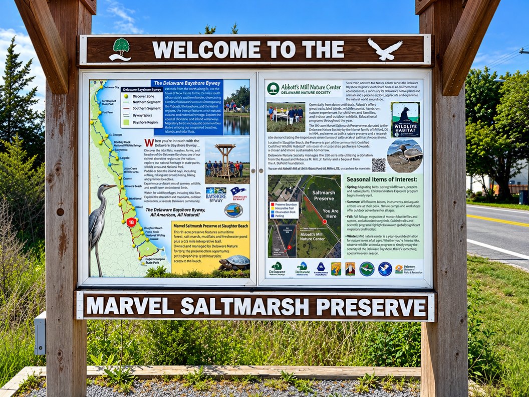 Wooden information kiosk with Delaware Bayshore Byway and Abbott's Mill Nature Center panels, titled Welcome to the Marvel Saltmarsh Preserve
